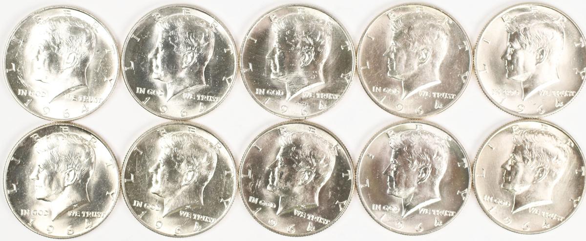 10 1964-D Kennedy Half Dollars (90% Silver)