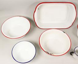 Vintage Red/Blue Edge Enamelware Pans & Bowls