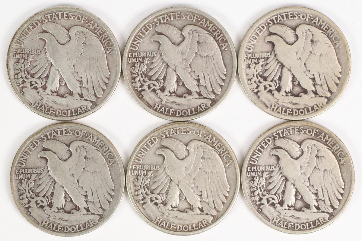 6 Walking Liberty Silver Half Dollars