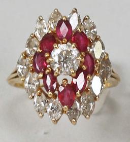 18k Gold Diamond & Ruby Ladies Ring, Sz. 8.25, 7.7 Grams