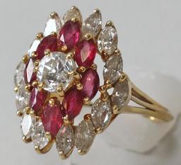 18k Gold Diamond & Ruby Ladies Ring, Sz. 8.25, 7.7 Grams