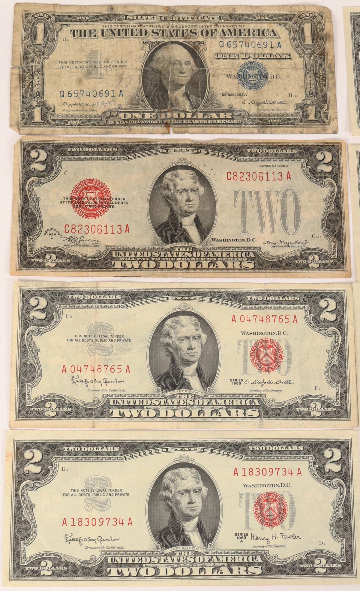 3 1976 $2 Federal Reserve notes with US stamp, &