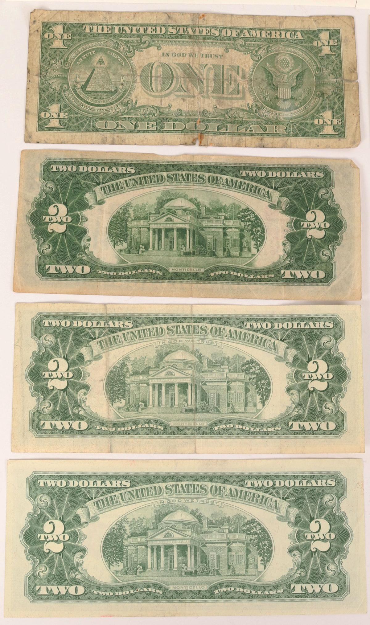 3 1976 $2 Federal Reserve notes with US stamp, &