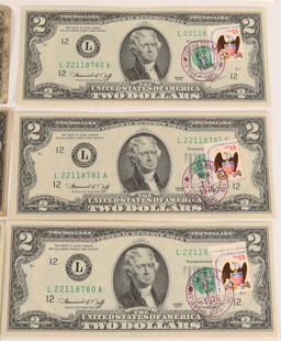 3 1976 $2 Federal Reserve notes with US stamp, &