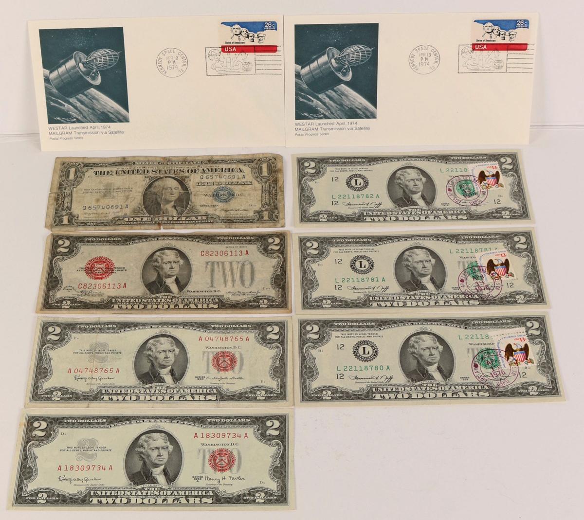 3 1976 $2 Federal Reserve notes with US stamp, &