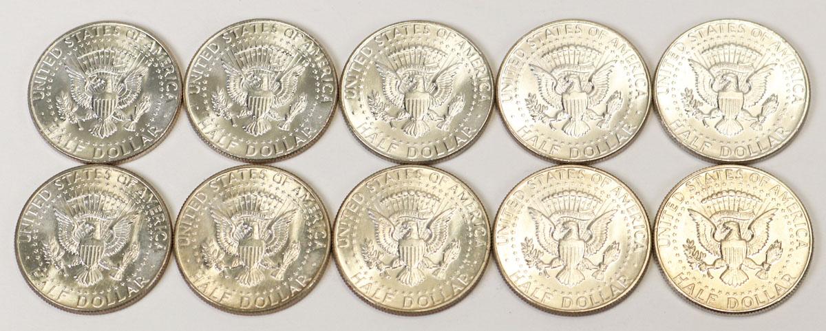 10 Kennedy Half Dollars (90% Silver), 5-1964P,5-1964D