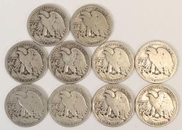 10 Walking Liberty Half Dollars; 2-1917-P,1920-P,1920-S,2-1933-D,2-1934-P,1935-P,1935-D