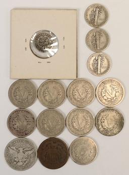 1909-D Barber Quarter, 6 V Nickels, US Shield 5 Cent, 3 Mercury Dimes &