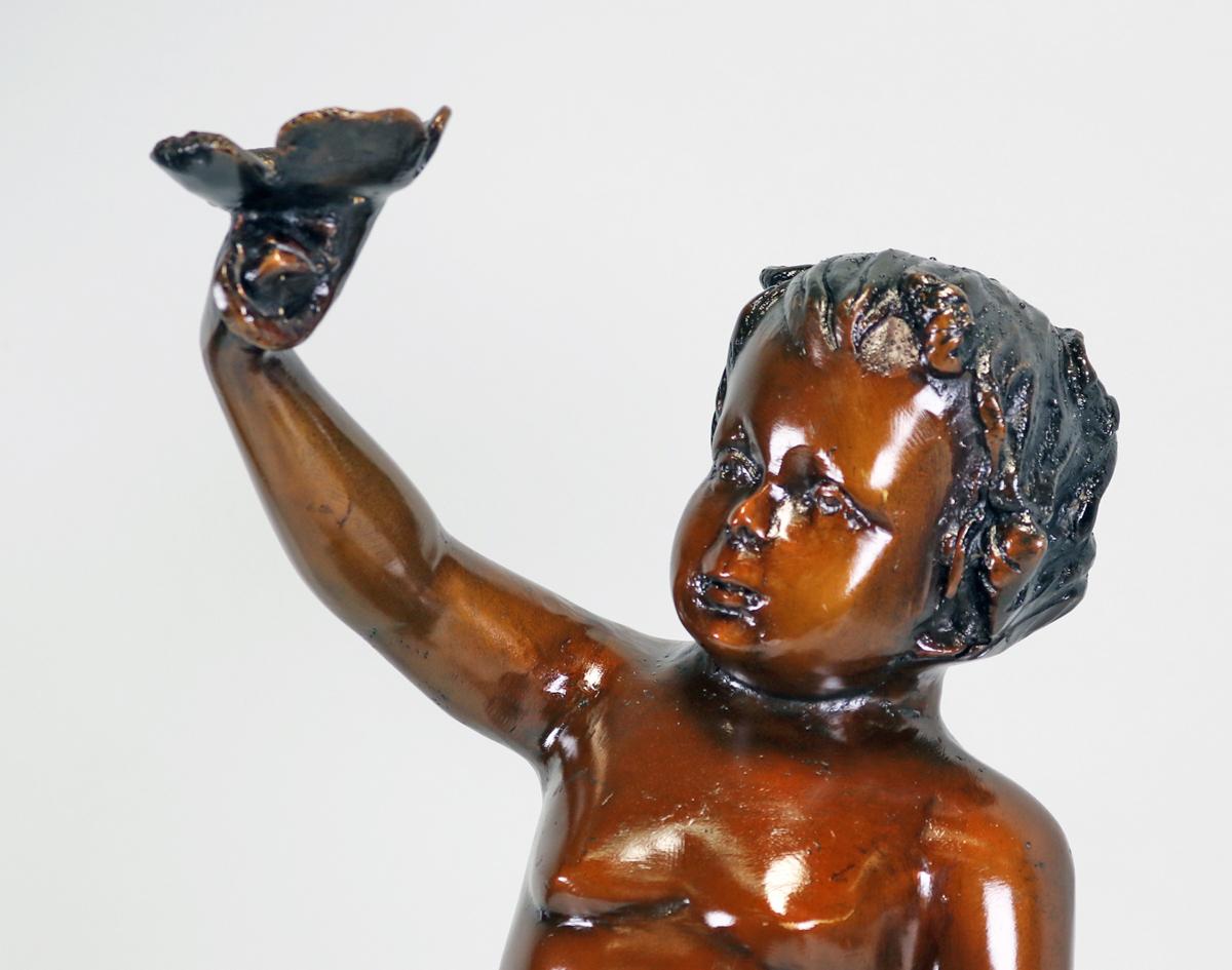 Bronze Statue - Child w/ Trumpet Flower on Marble Base, Contemporary