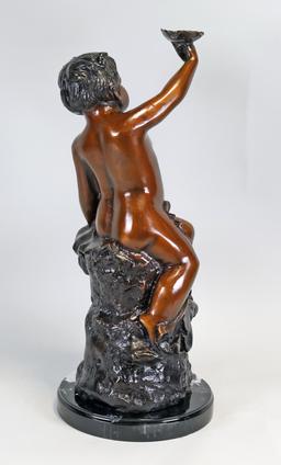 Bronze Statue - Child w/ Trumpet Flower on Marble Base, Contemporary