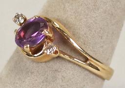 14k Ladies Ring w/ Purple Stone - Diamond Accents, Sz. 6.5