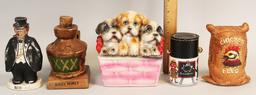 5 Vintage Coin Banks; Beer/Booze Money, Basket of Dogs, Chicken Feed,  Etc