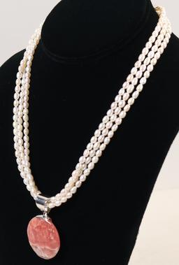 3 Strand Pearl Necklace w/Coral Colored Pendant