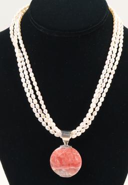 3 Strand Pearl Necklace w/Coral Colored Pendant