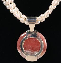 3 Strand Pearl Necklace w/Coral Colored Pendant