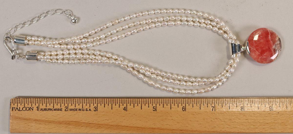 3 Strand Pearl Necklace w/Coral Colored Pendant