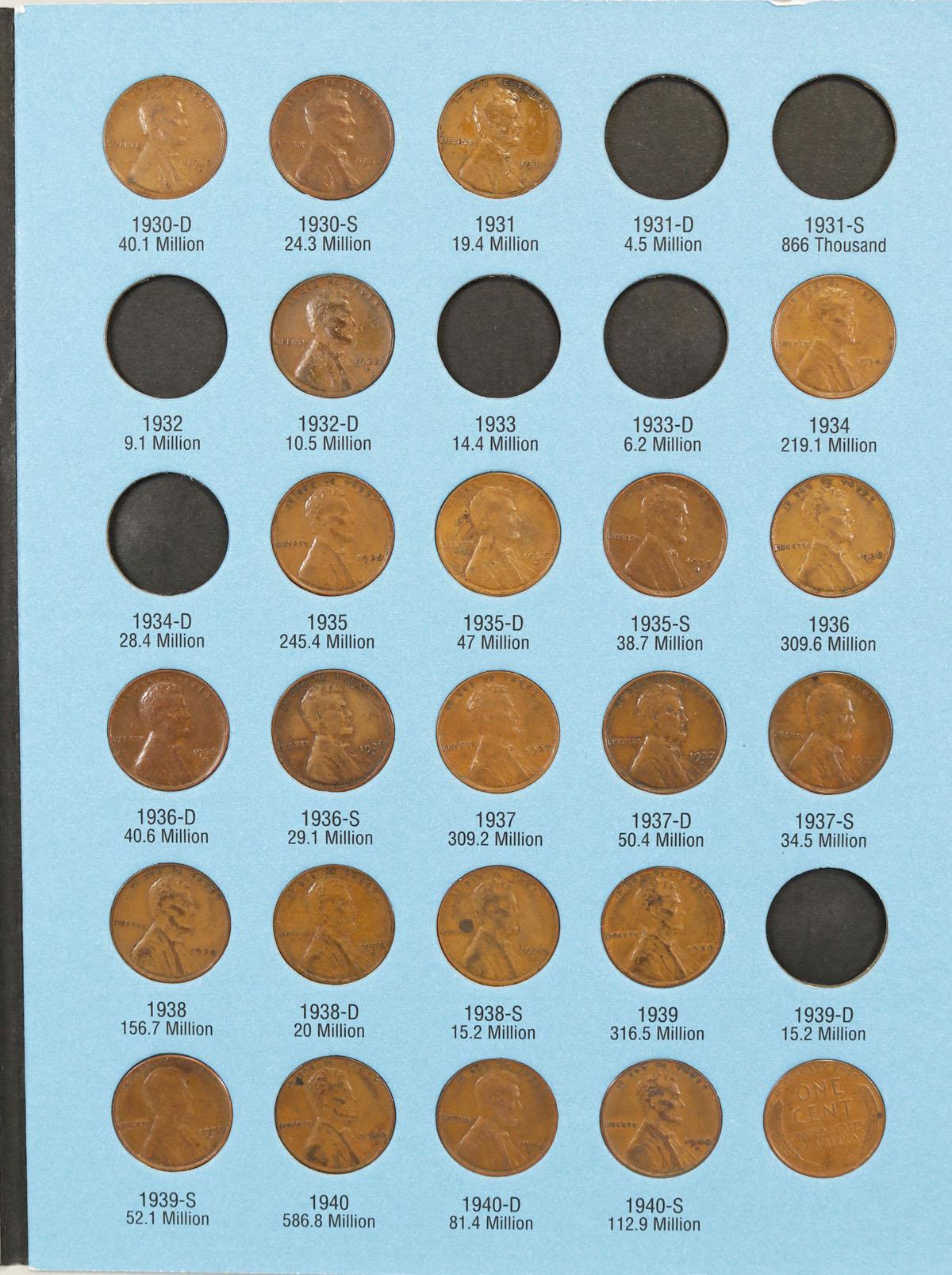 Lincoln Head Cent Book; 1909 to 1940, incomplete