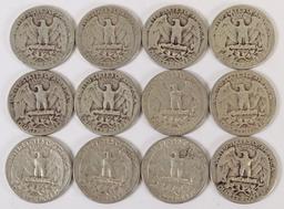 12 Washington Silver Quarters; Various Dates/Mints