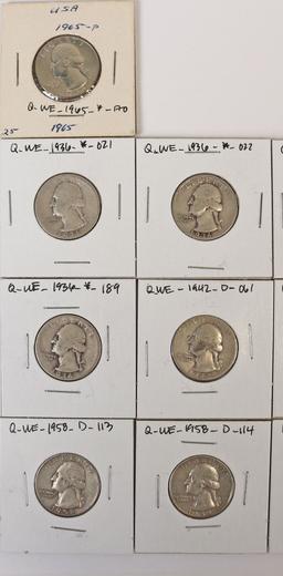 16 Washington Silver Quarters; Various Dates/Mints & 1 - 1965 Washington Quarter