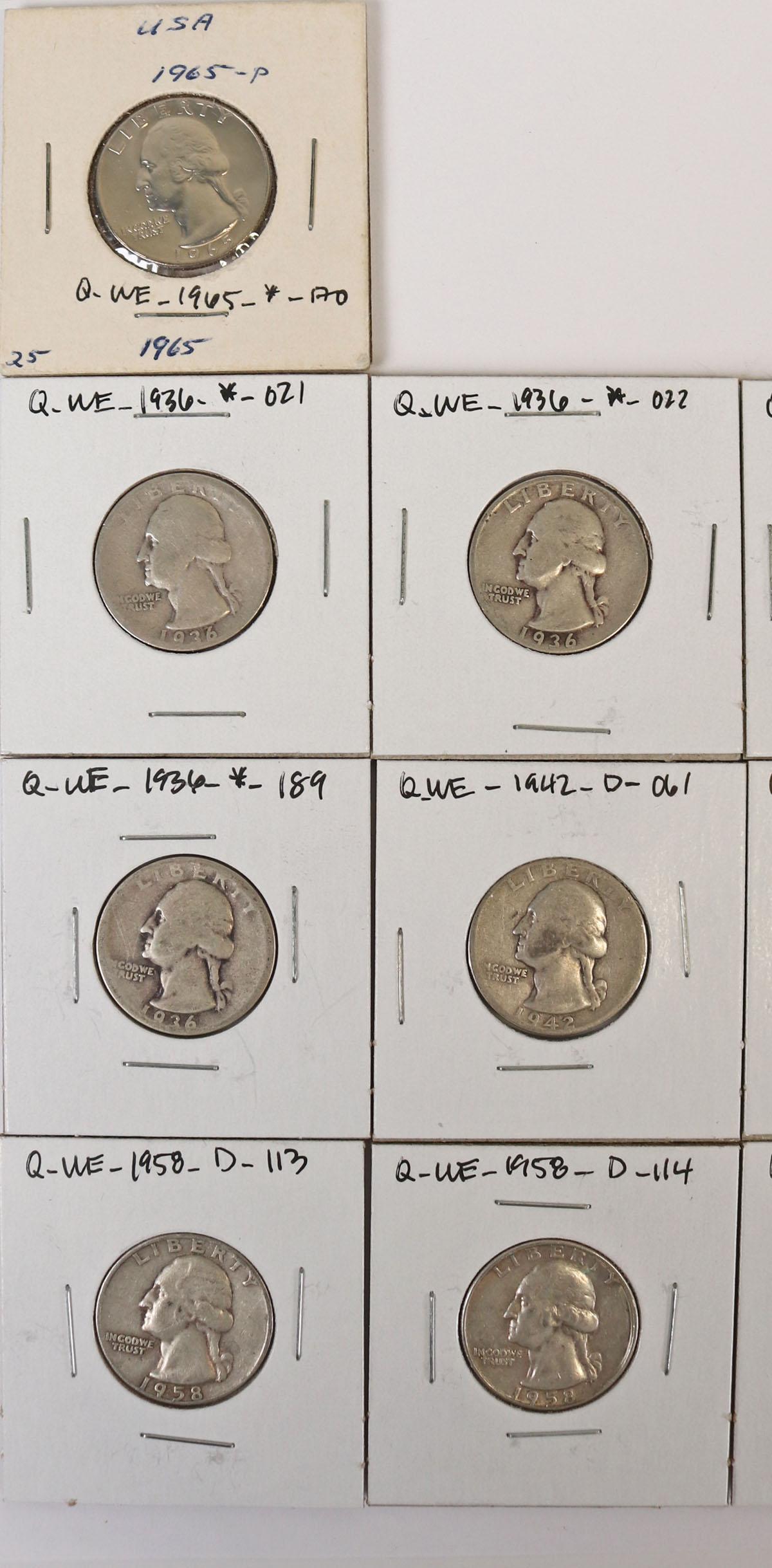 16 Washington Silver Quarters; Various Dates/Mints & 1 - 1965 Washington Quarter