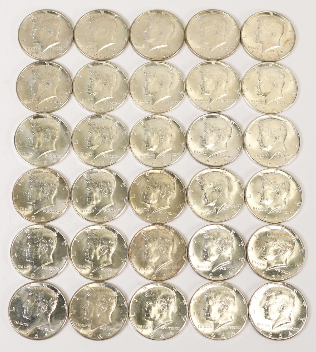 30 - 1964 Kennedy 90% Silver Half Dollars; Various Mints