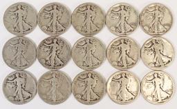 15 Walking Liberty Silver Half Dollars; All 1942 & Various Mints