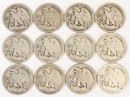 12 Walking Liberty Silver Half Dollars; All 1942 & Various Mints