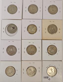 12 Washington Silver Quarters; Various Dates/Mints