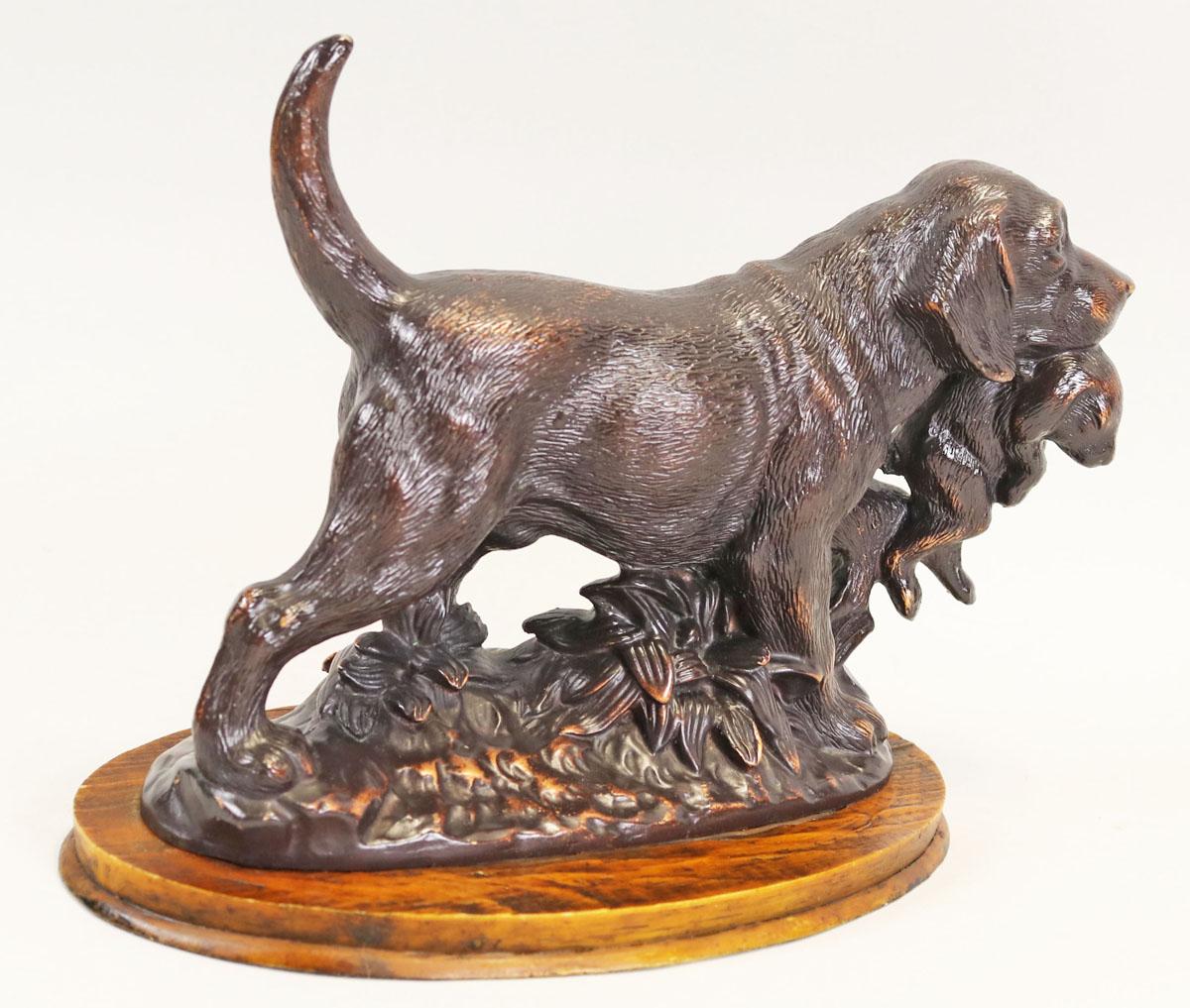 "Hunting Dog with Rabbit" Hand Painted Bronze Finished Sculpture