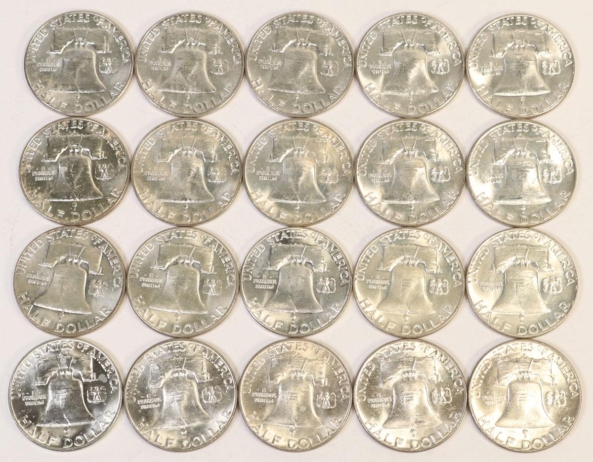 20 Franklin Silver Half Dollars; Various Dates/Mints