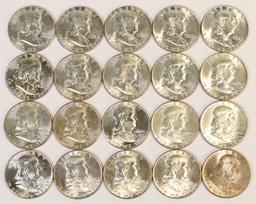 20 Franklin Silver Half Dollars; Various Dates/Mints