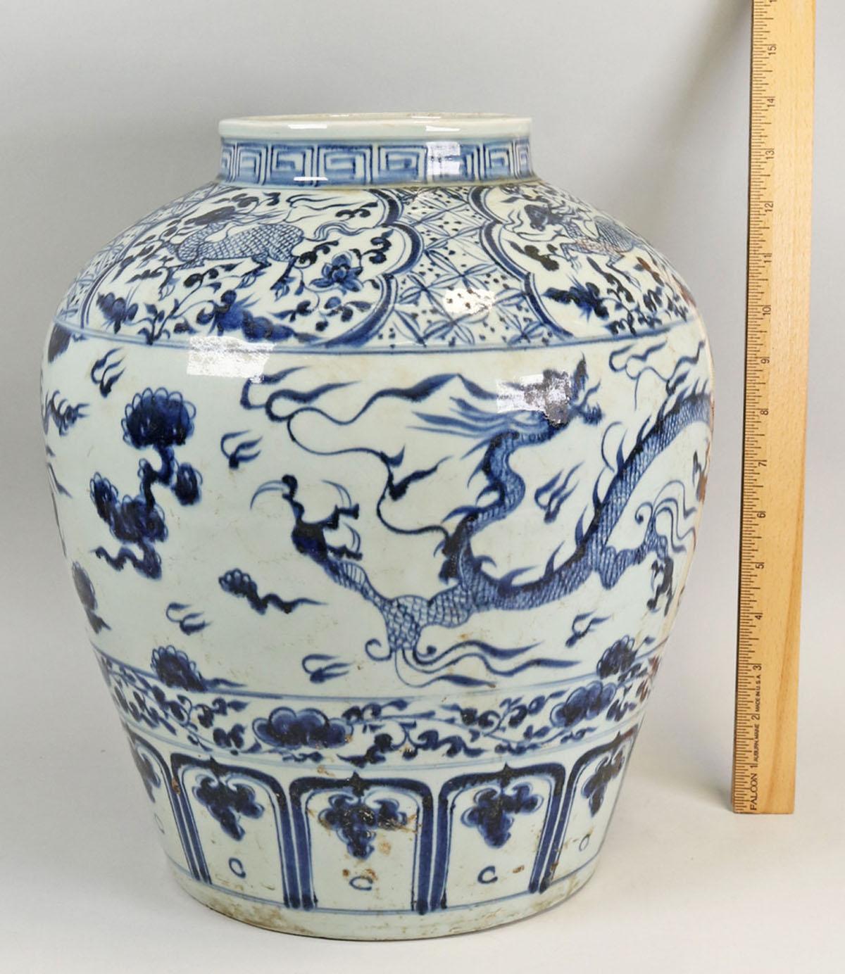 Chinese Blue & White Jar With Dragon Theme Scene