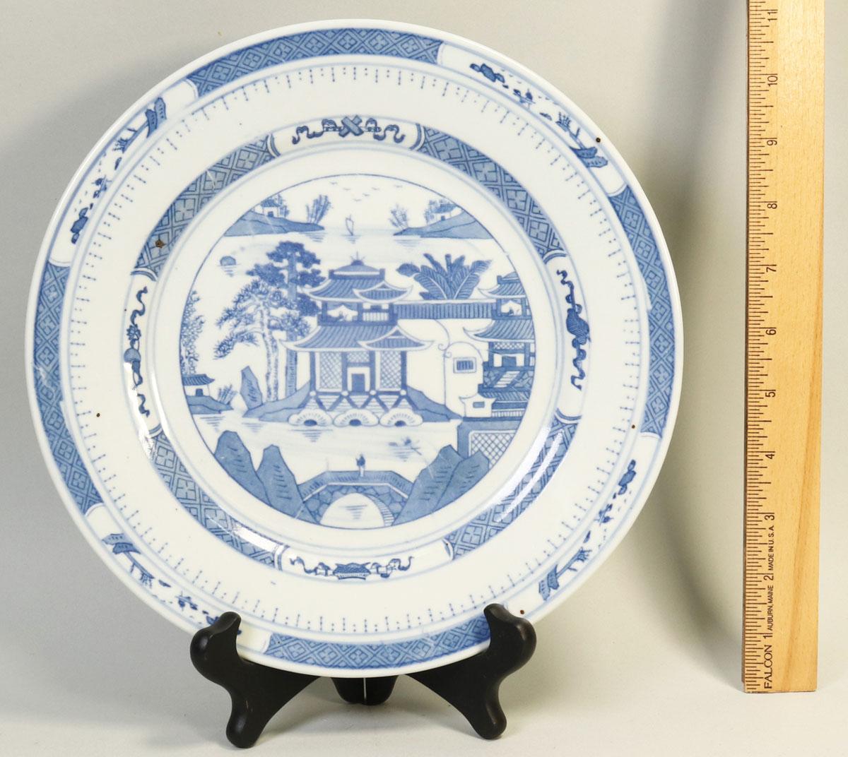 Chinese Blue & White Plate With Pagoda Village Scene