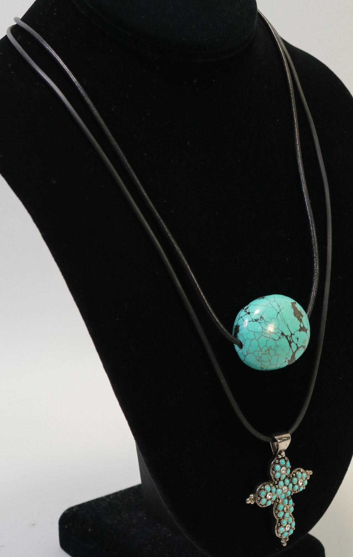 2 Turquoise Colored Pendants On Black Cord Necklaces By Jay King