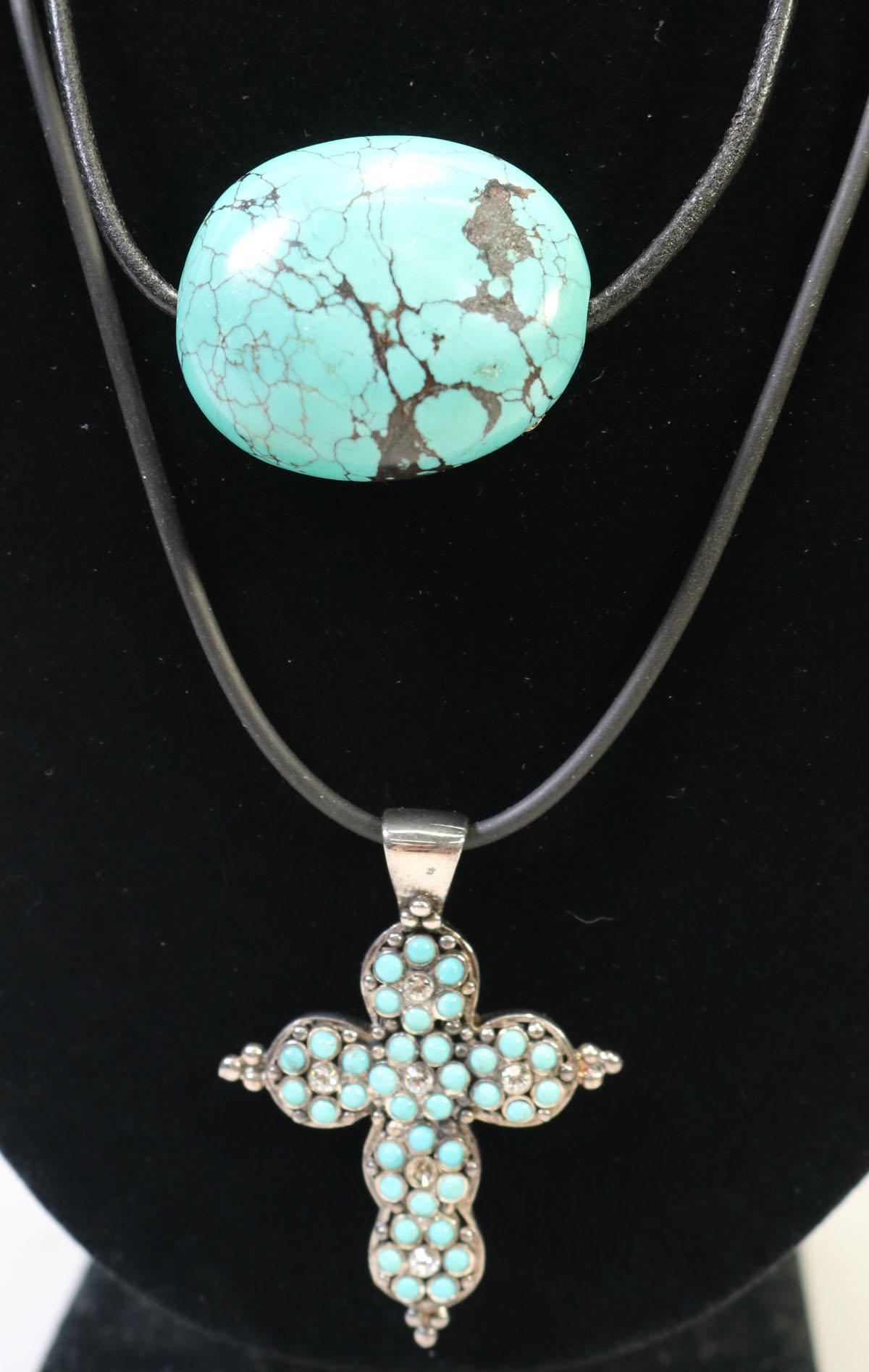 2 Turquoise Colored Pendants On Black Cord Necklaces By Jay King