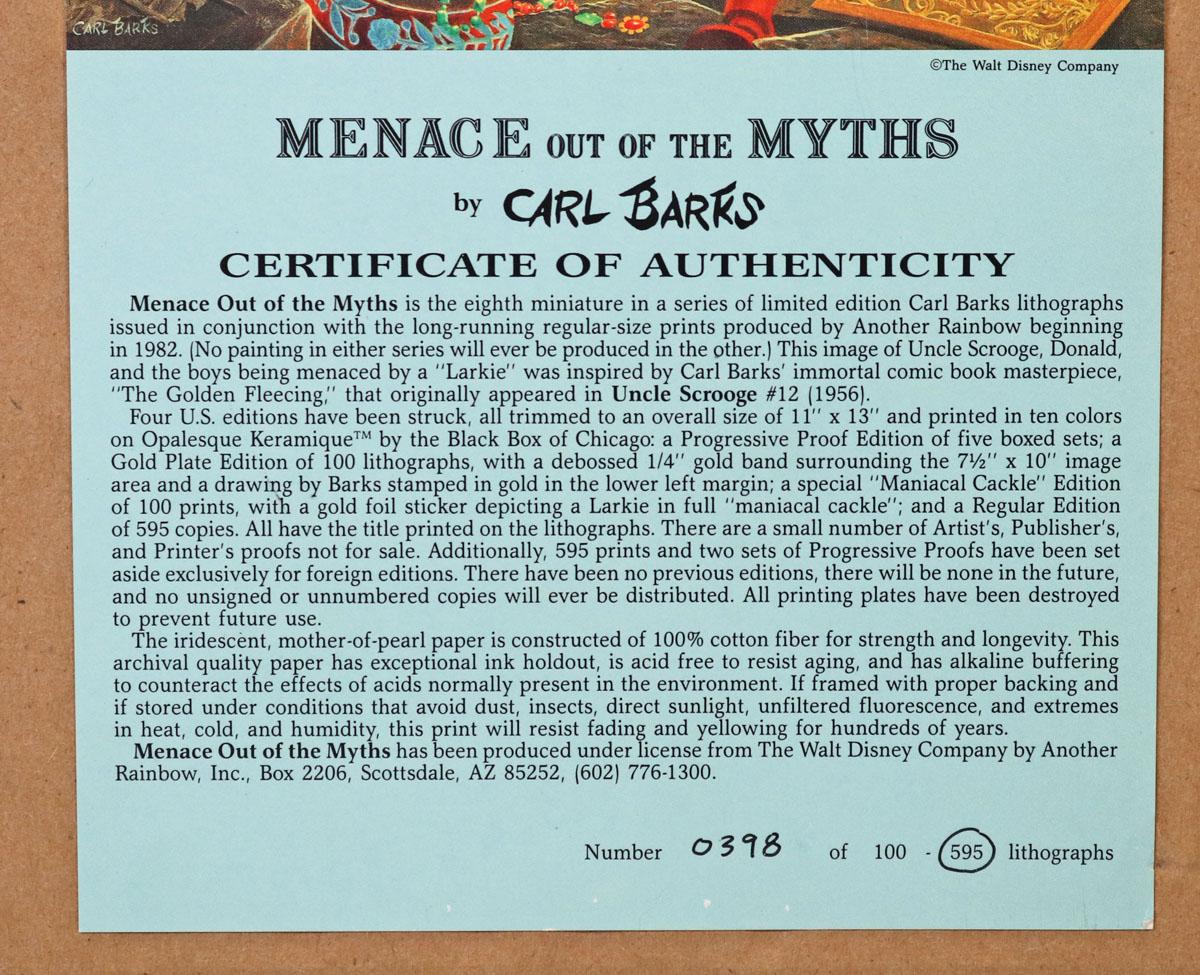 Disney Signed Litho "Menace Out of the Myths" by Carl Barks