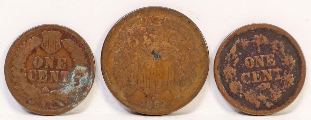 2 Indian Head Cents (1863,1875) & 1864 2 Cent Piece