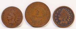 2 Indian Head Cents (1863,1875) & 1864 2 Cent Piece