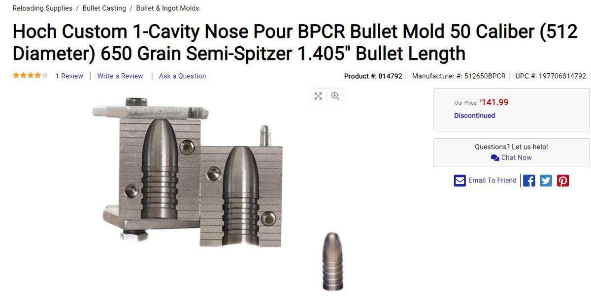 Hoch Custom Bullet Moulds 512 650 - Nose Pour Bullet Mold 50 Cal