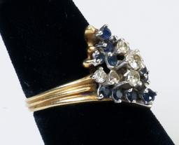 18K Gold Ring W/Diamonds & Blue Gemstones, 6 Grams