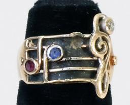 10K Gold Ring W/Blue/Red Gemstones.