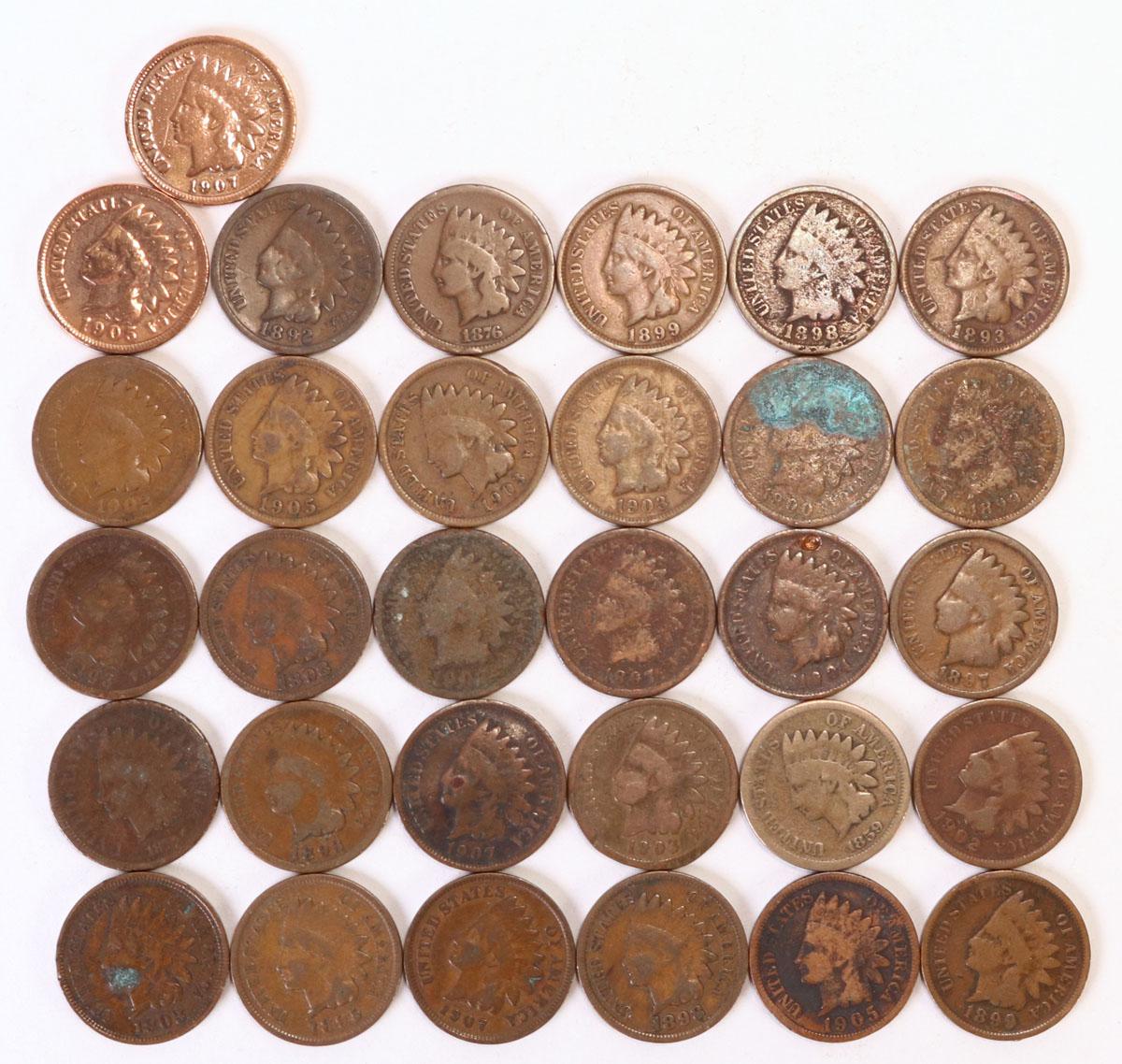 31 +/- Indian Head Pennies, Various Dates/Mints