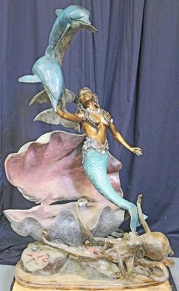 Large Bronze Finished Mermaid with Dolphins & Octopus Sculpture