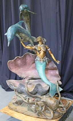 Large Bronze Finished Mermaid with Dolphins & Octopus Sculpture