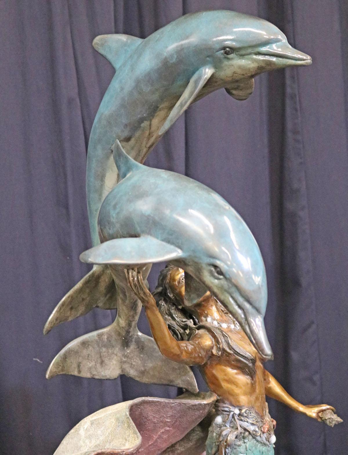 Large Bronze Finished Mermaid with Dolphins & Octopus Sculpture