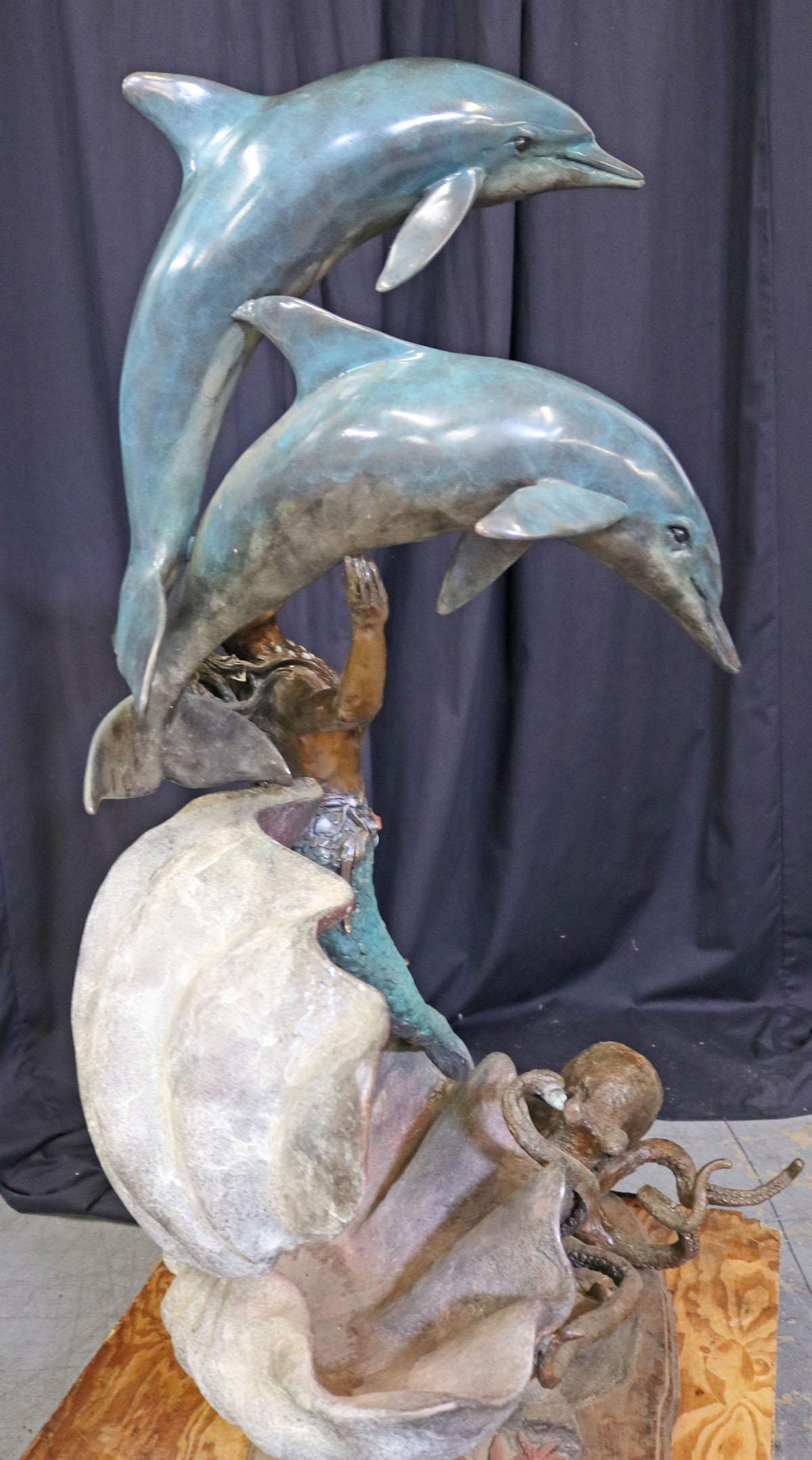 Large Bronze Finished Mermaid with Dolphins & Octopus Sculpture