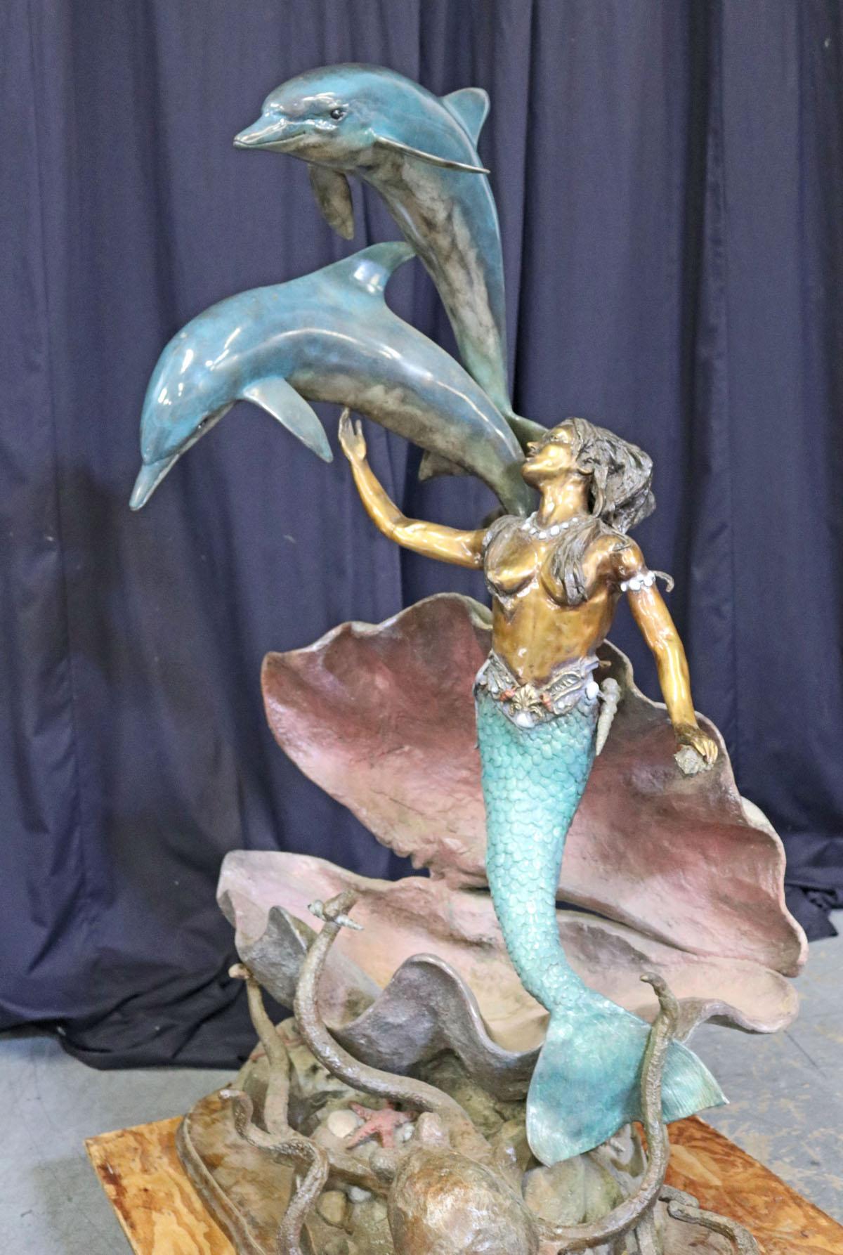 Large Bronze Finished Mermaid with Dolphins & Octopus Sculpture