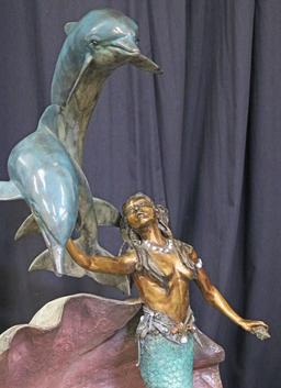 Large Bronze Finished Mermaid with Dolphins & Octopus Sculpture