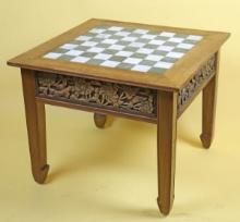 Chess - Checkers Table w/ Carved Asian Inlays, 22" x 22" x 18"