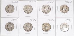 8 - Washington Silver Quarters; Various Dates/Mints